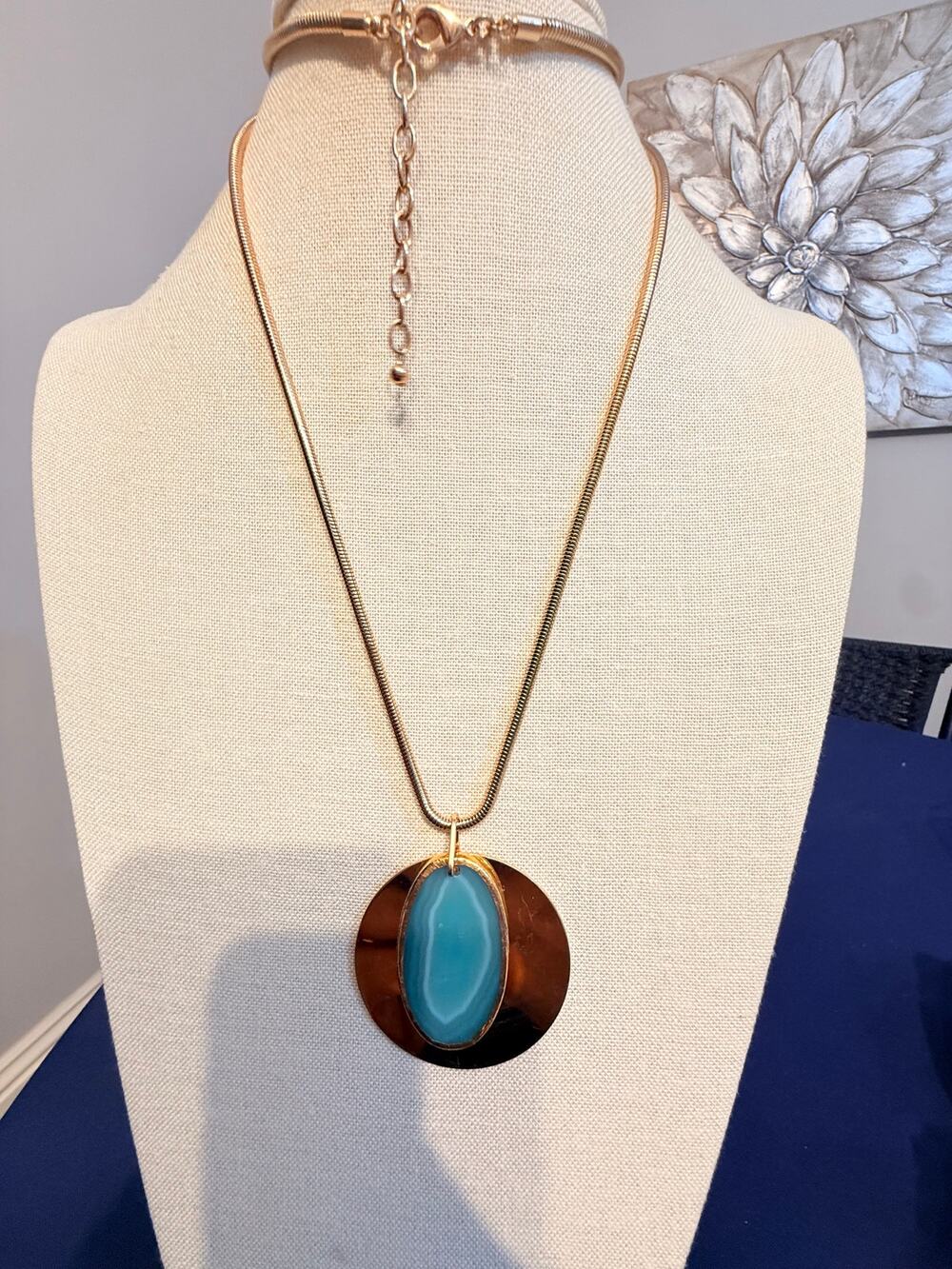 Vintage NOS Gold Tone Blue Acrylic Runway Pendant 32”